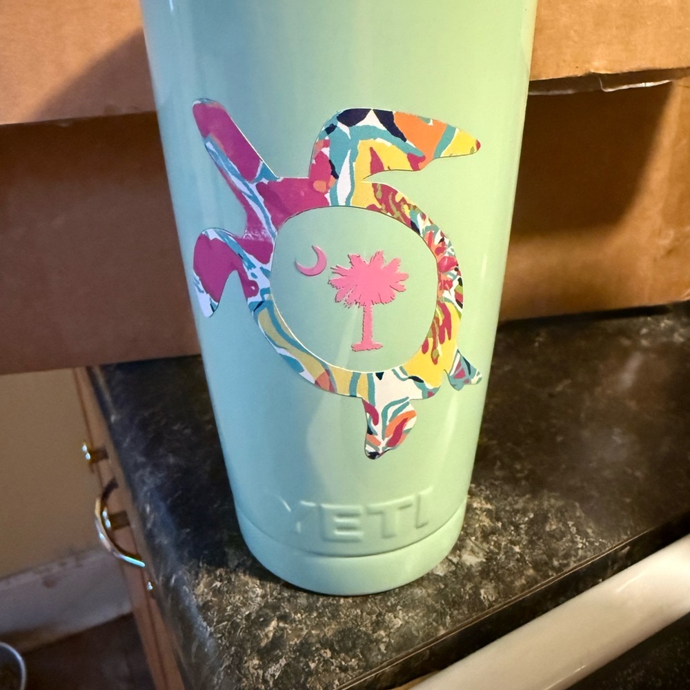 Yeti Mint Green Tumbler with Multicolor Turtle Decal